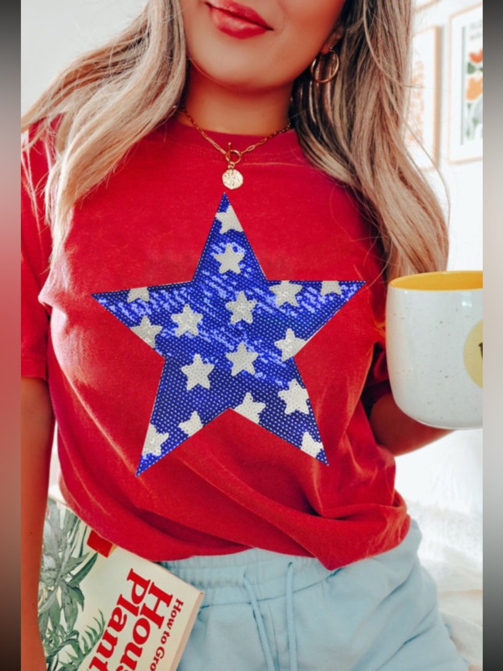 1172. Sequin stars USA Americana short sleeve t-shirt in red - Picture 3 of 5